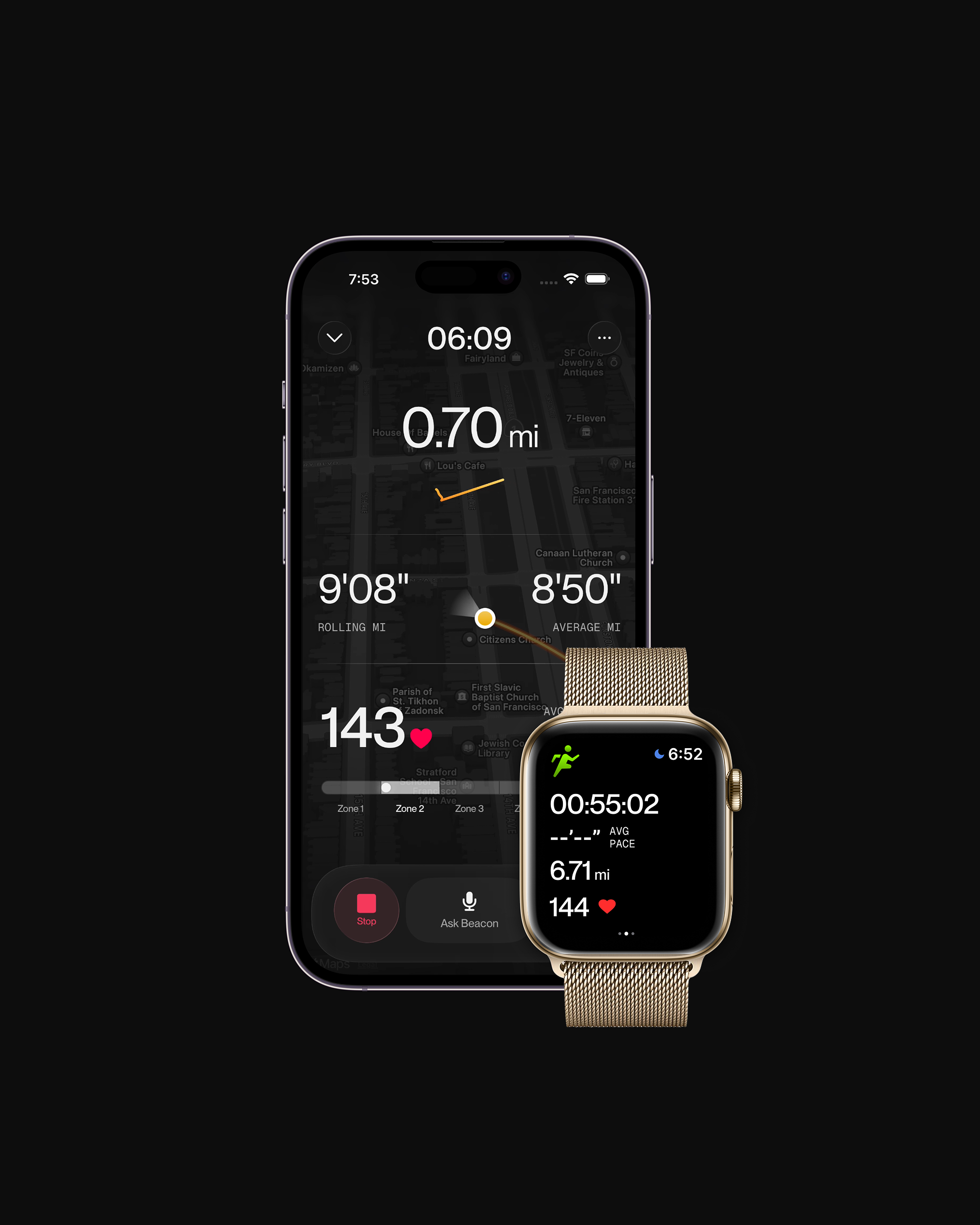 A tracked run in Beacon, with live pace and heart rate on Apple Watch