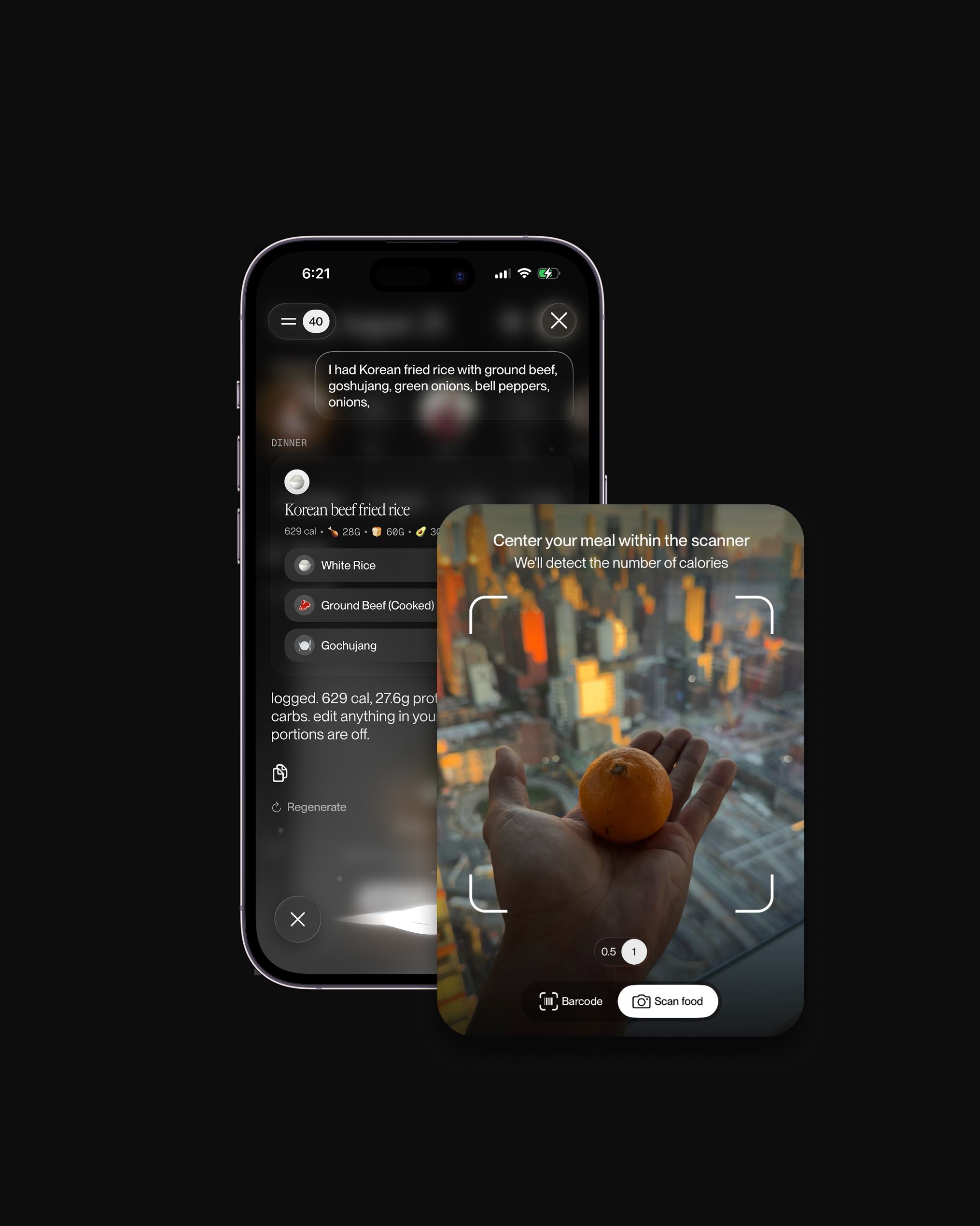 Logging a meal by voice, barcode, or camera in Beacon